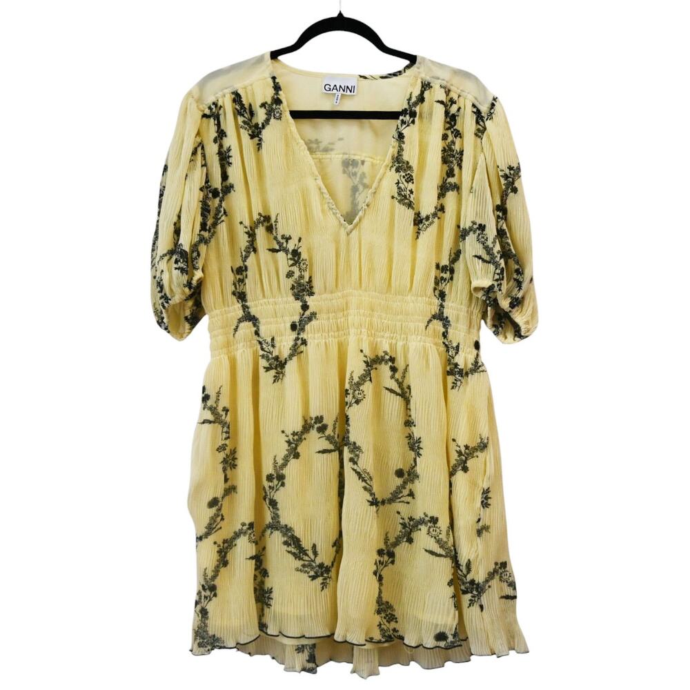 Ganni Butter Yellow Black Floral Pleated Georgette Mini Dress Size 36 Approx 4